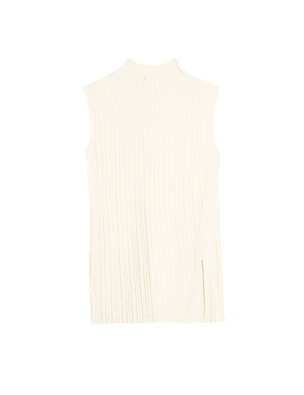 Ribbed Funnel Neck Split Hem Knitted Top