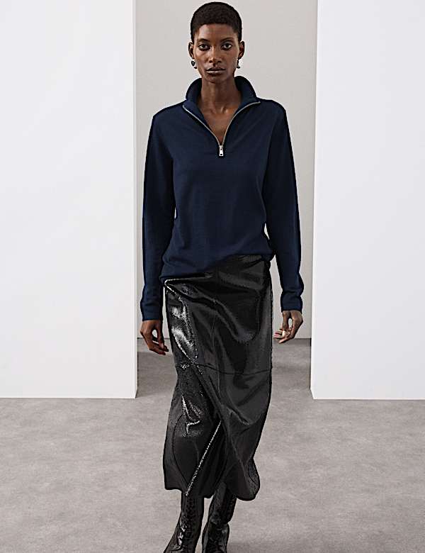 Pure Merino Wool Funnel Neck Half Zip Jumper - LU