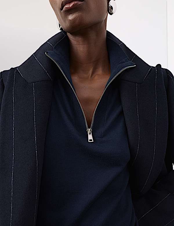 Pure Merino Wool Funnel Neck Half Zip Jumper - LU