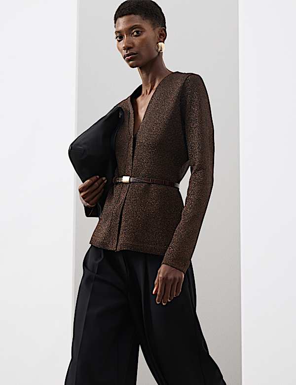 Merino Wool Blend Sparkly V-Neck Cardigan - ES
