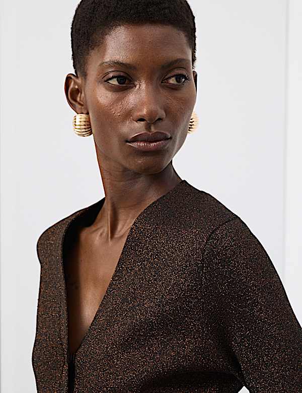 Merino Wool Blend Sparkly V-Neck Cardigan - AT