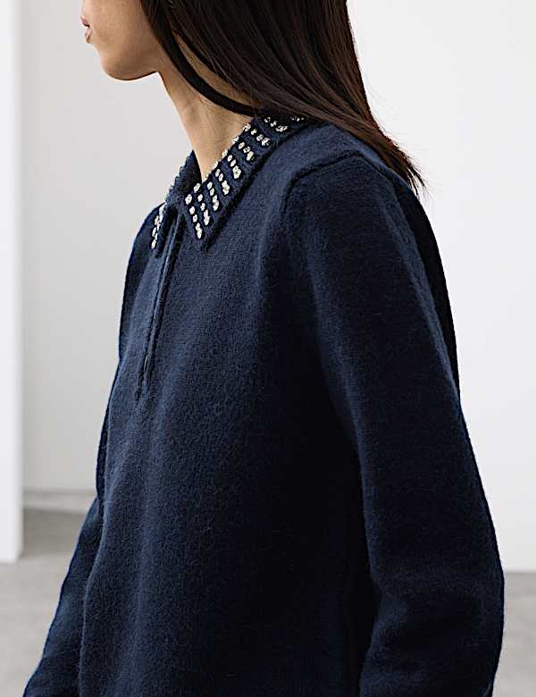Embellished Polo Jumper with Wool