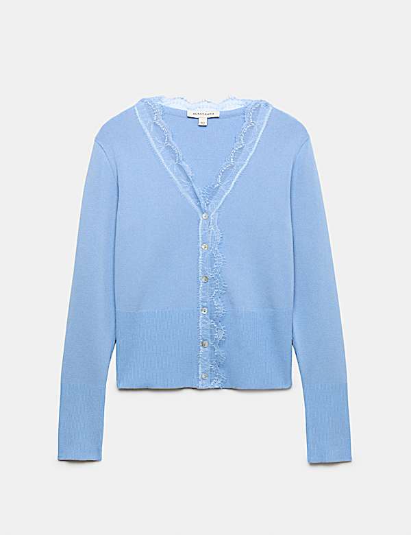 Cardigan &agrave; col en V, fermeture avant boutonn&eacute;e et d&eacute;tail en dentelle - CA