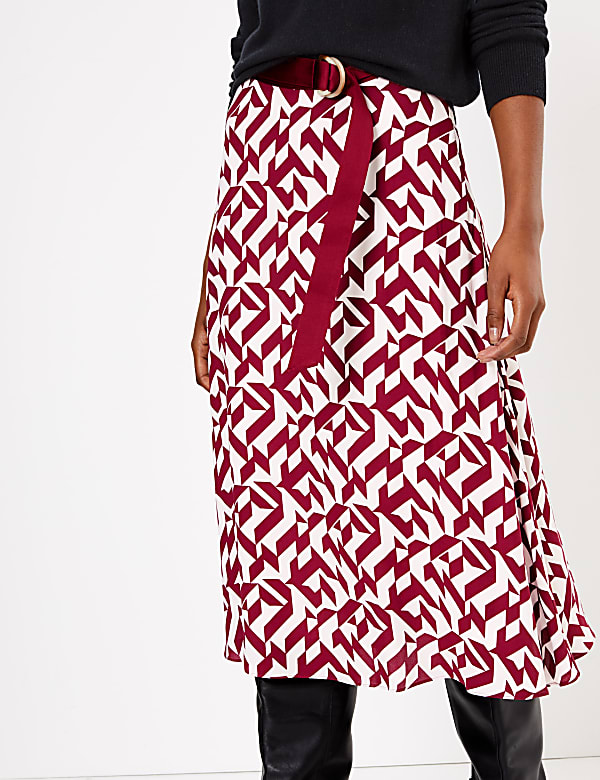 Printed Belted Midi Slip Skirt