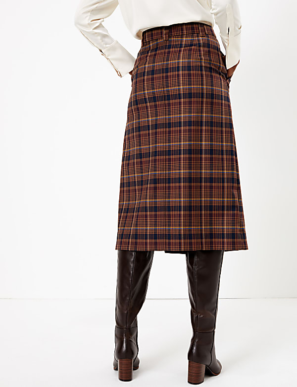 Wool Blend Checked A-Line Midi Skirt