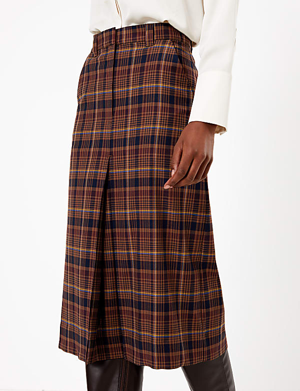 Wool Blend Checked A-Line Midi Skirt