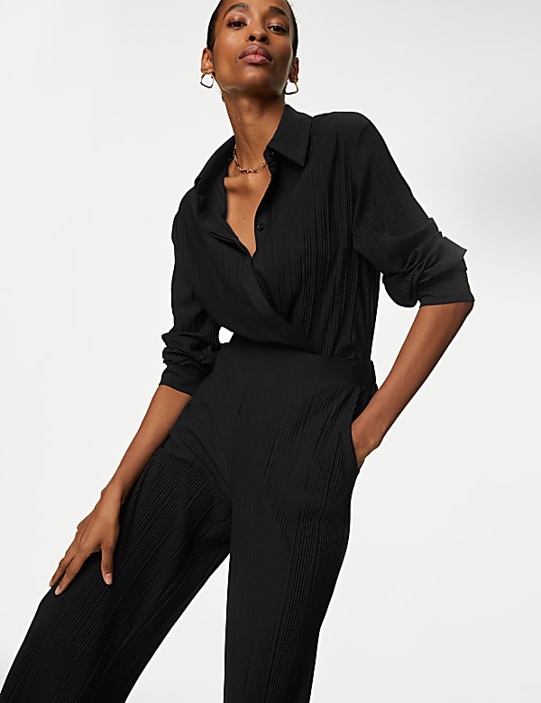 Jersey Plisse Wide Leg Trousers