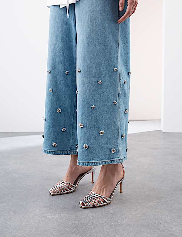 Denim High Waisted Embellished Wide Leg Jeans - DE