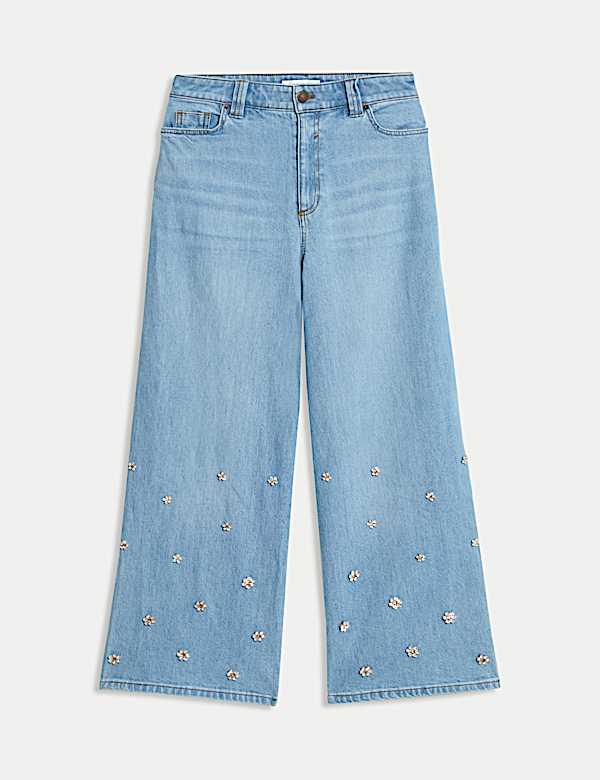 Denim High Waisted Embellished Wide Leg Jeans - DE