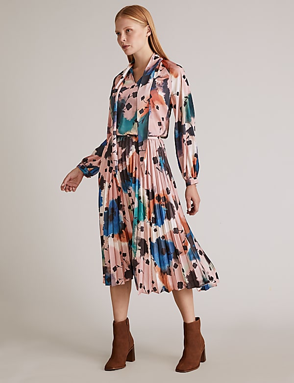 Abstract Floral Pleated Midi Skirt