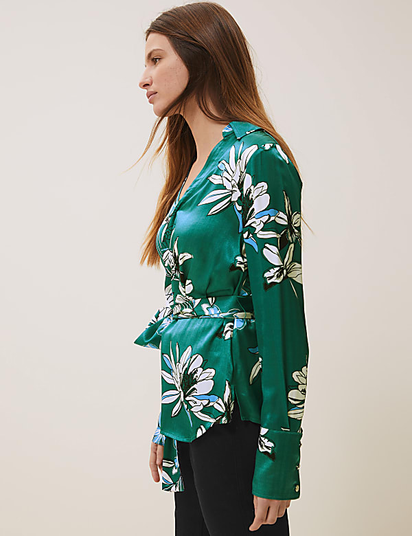 Satin Floral V-Neck Wrap Blouse