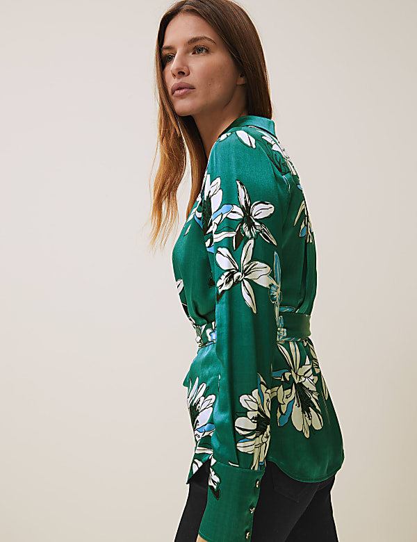 Satin Floral V-Neck Wrap Blouse