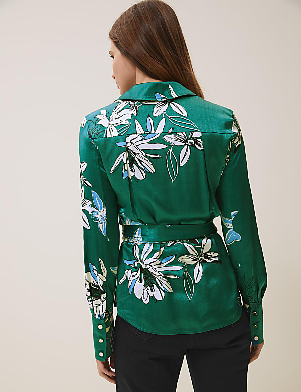 Satin Floral V-Neck Wrap Blouse