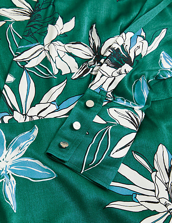 Satin Floral V-Neck Wrap Blouse