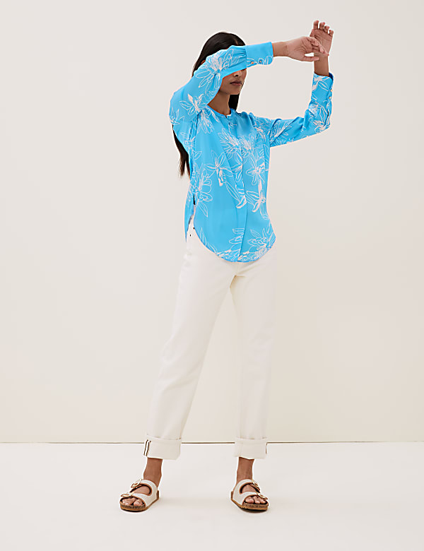 Satin Floral Collarless Longline Shirt