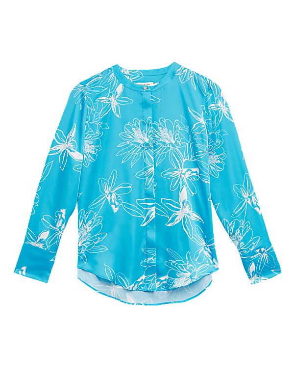 Satin Floral Collarless Longline Shirt
