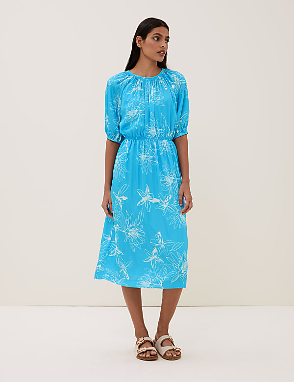 Satin Floral Print Midi Dress