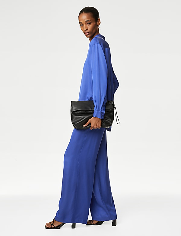 Satin Pleat Front Wide Leg Trousers