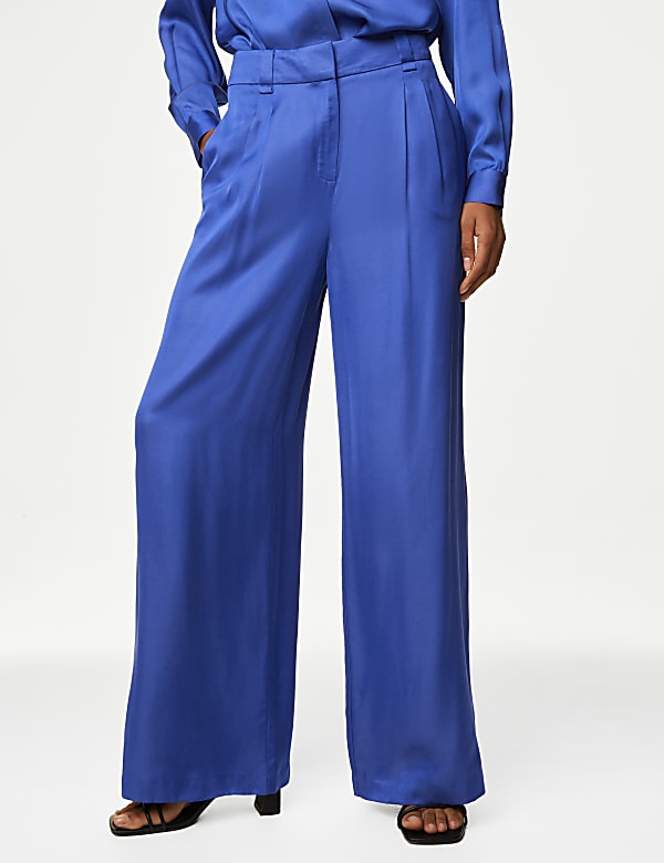 Satin Pleat Front Wide Leg Trousers