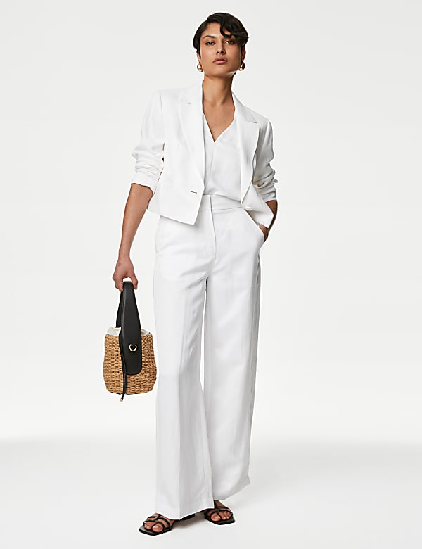 Linen Blend Pleat Front Wide Leg Trousers SOFT WHITE Trousers M S TW