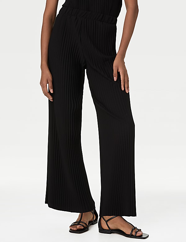 Jersey Plisse Wide Leg Trousers