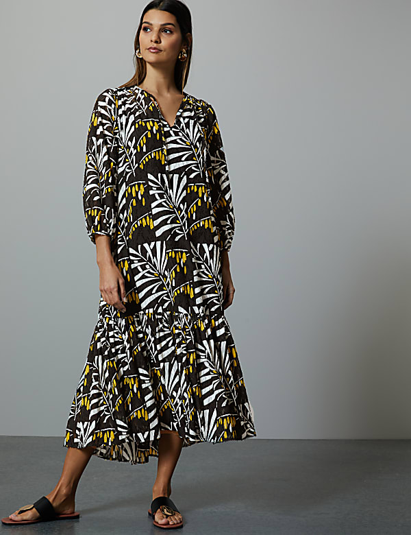 Buy Leaf Print 3 4 Sleeve Relaxed Midi Dress at Marks Spencer