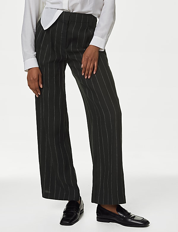 Pure Linen Striped Wide Leg Trousers - CA
