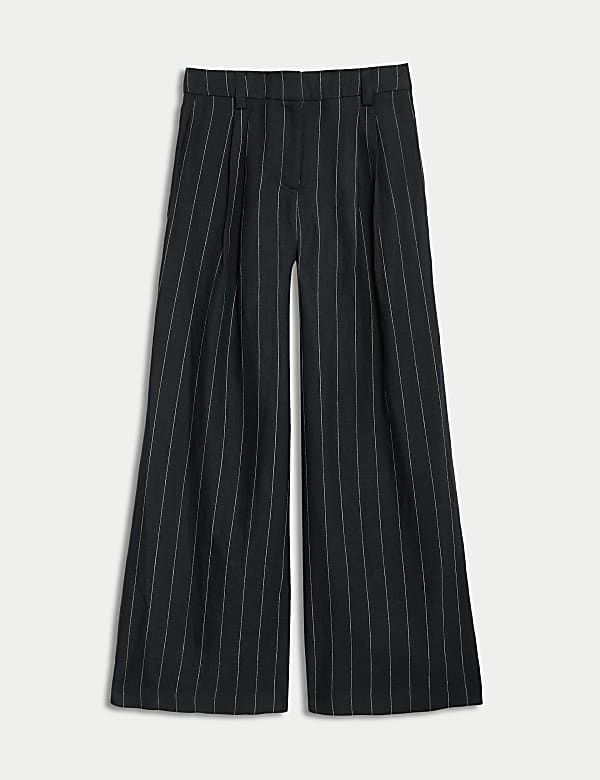Pure Linen Striped Wide Leg Trousers - CA