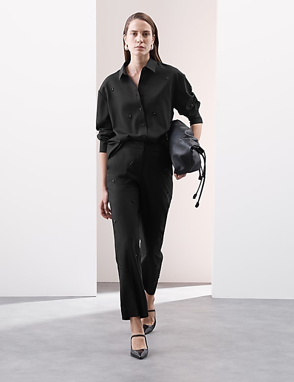 Wool Blend Embellished Straight Leg Trousers - HR