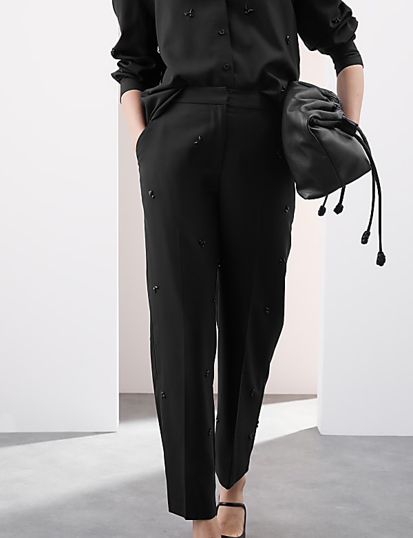 Wool Blend Embellished Straight Leg Trousers - NO