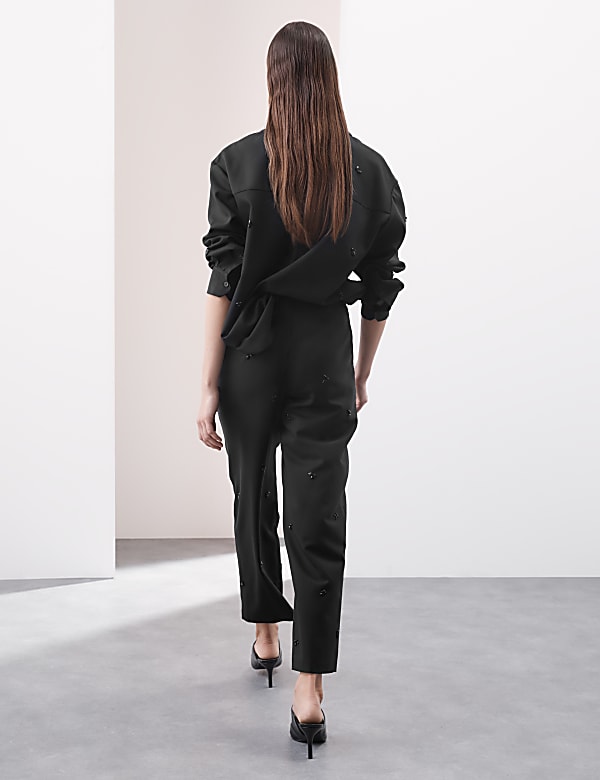 Wool Blend Embellished Straight Leg Trousers - NO