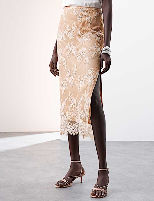 Lace Side Split Midi A-Line Skirt