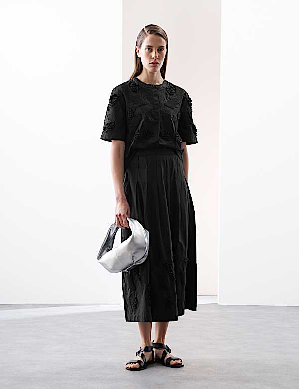 Pure Cotton Embroidered Midi A-Line Skirt - IT