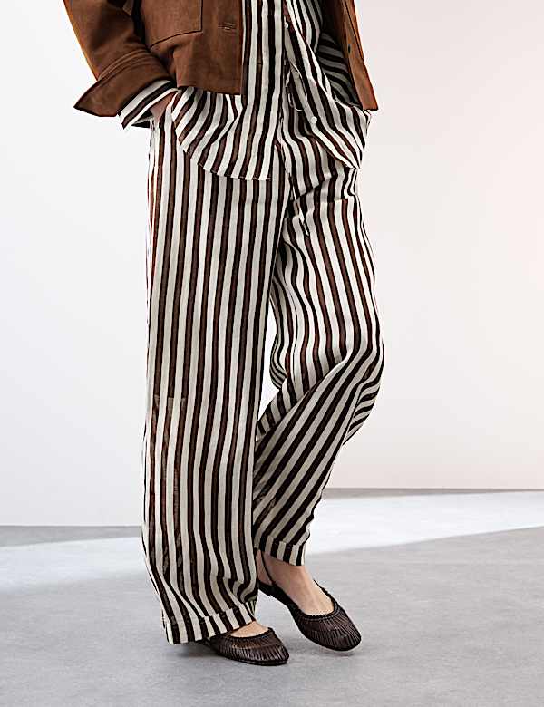 Pure Ramie Striped Wide Leg Trousers