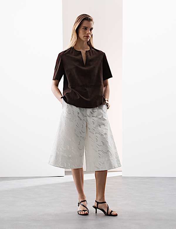 Culottes coupe large 100 % coton &agrave; motif brod&eacute; - CH