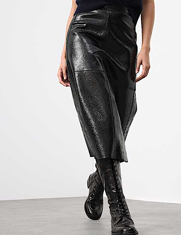 Leather Patent Textured Midi A-Line Skirt - AU