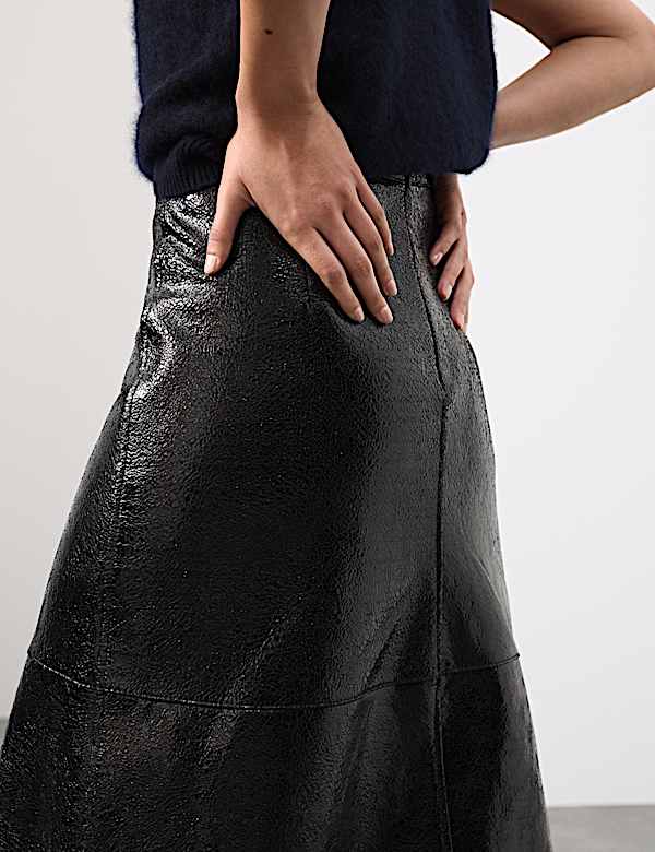 Leather Patent Textured Midi A-Line Skirt - AU