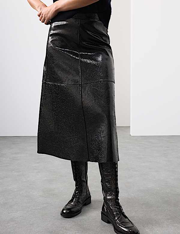 Leather Patent Textured Midi A-Line Skirt - AU