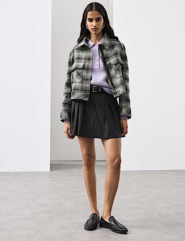 Wool Blend Belted Pleated Mini Skirt - KG