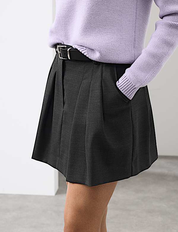 Wool Blend Belted Pleated Mini Skirt - KG