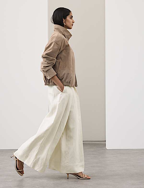 Linen Blend Pleat Front Wide Leg Trousers - FI