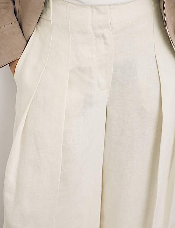 Linen Blend Pleat Front Wide Leg Trousers - FI