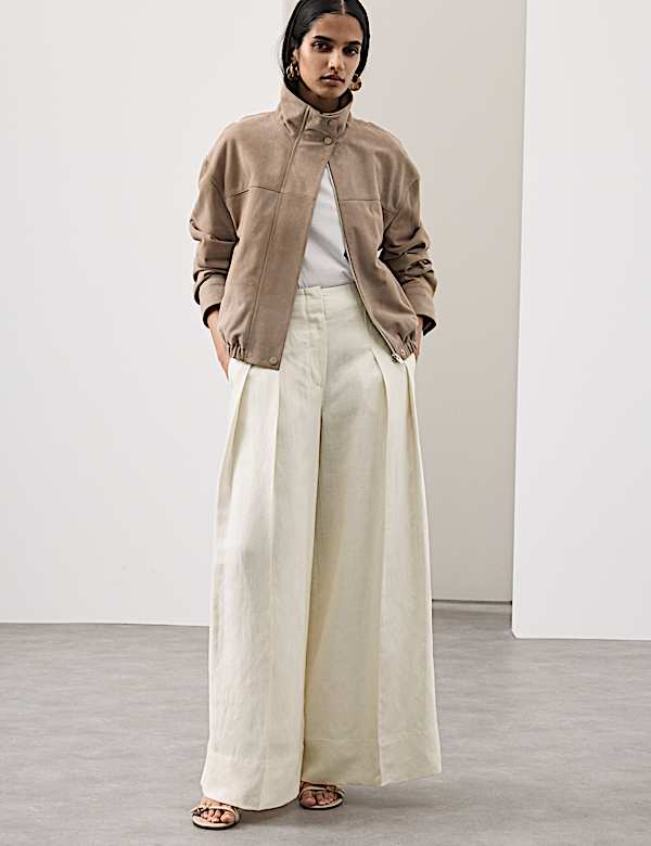 Linen Blend Pleat Front Wide Leg Trousers - FI