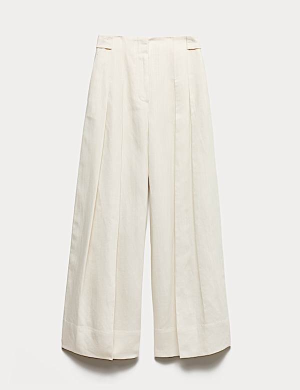 Linen Blend Pleat Front Wide Leg Trousers - FI