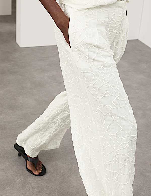 Embroidered Knot Wide Leg Trousers - US