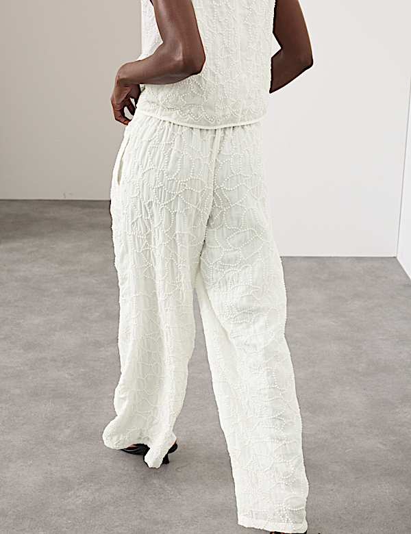 Embroidered Knot Wide Leg Trousers - US