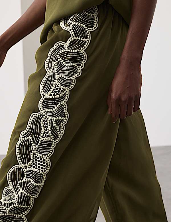 Floral Embroidered Wide Leg Trousers - IT