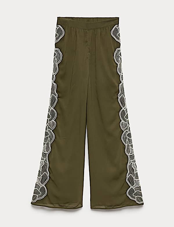 Floral Embroidered Wide Leg Trousers - IT