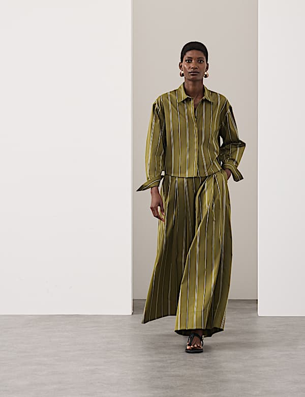 Striped Pleat Front Wide Leg Trousers - US