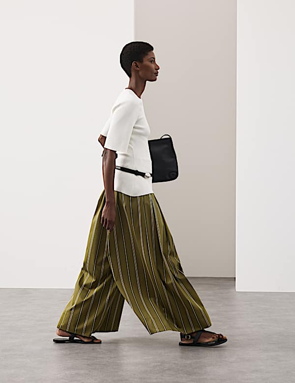 Striped Pleat Front Wide Leg Trousers - US